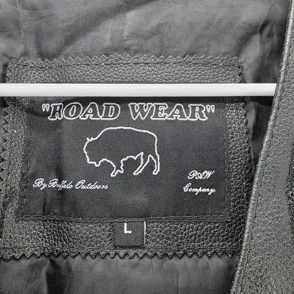 Road Wear Vest Mens L Black Leather Biker Motorcycle Side Lace Pockets Lined
